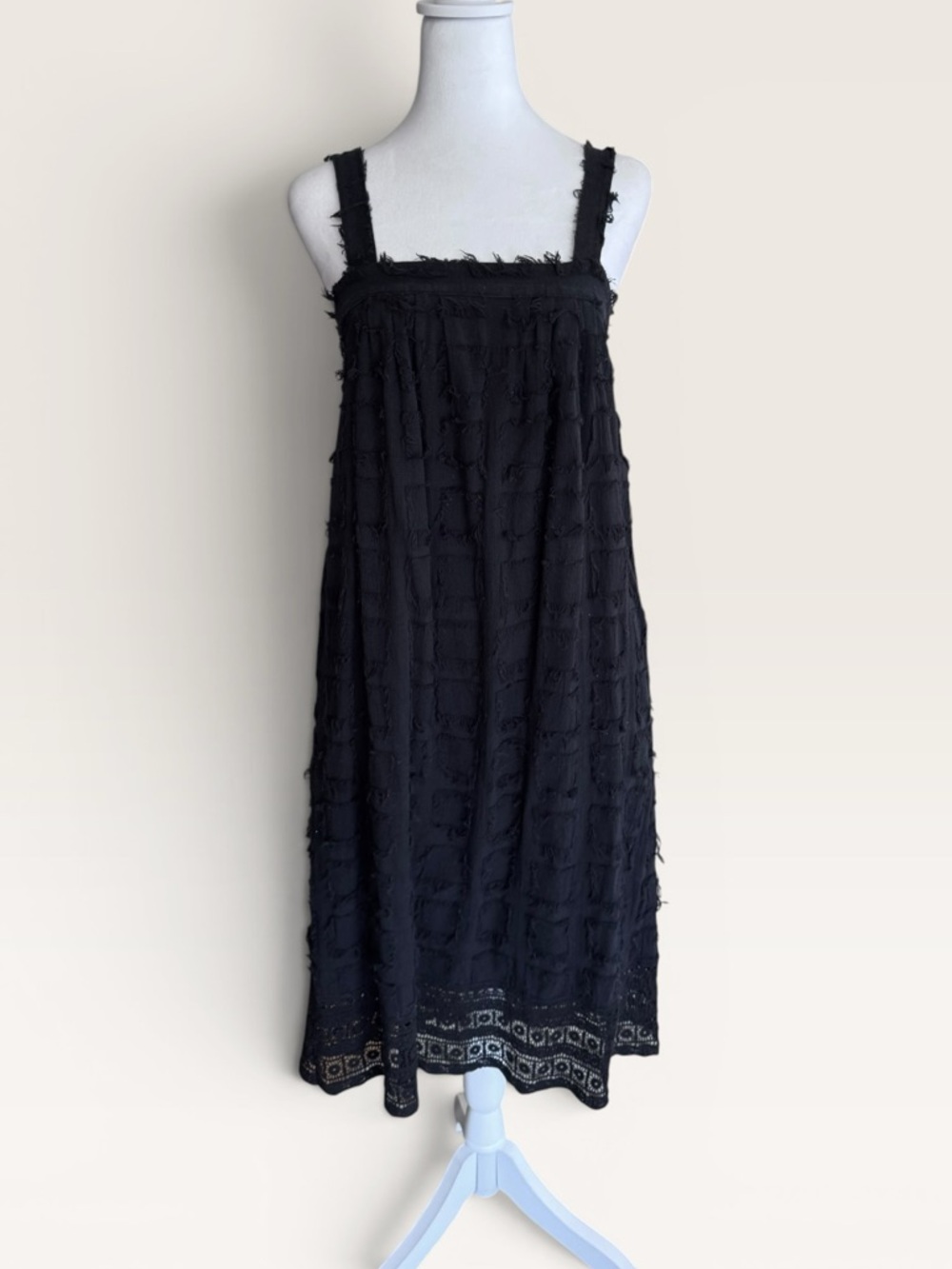 Cory Lynn Calter Black Textured Cotton Midi Dress XS Elastic Back Boho Minimal